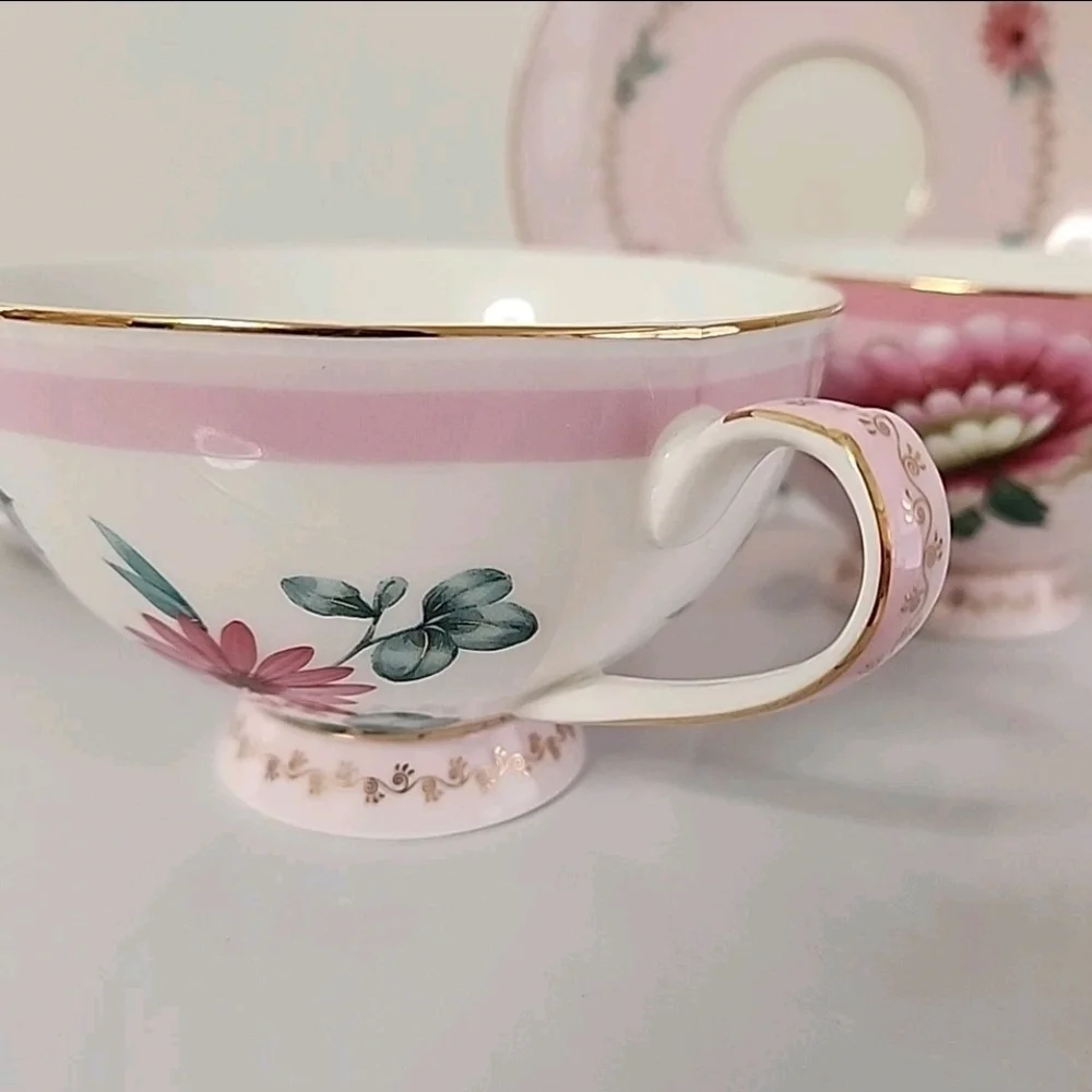 Grace Teaware Pink Floral Tea Cup Saucer Set 2 Cottagecore Gold Gilt Tea Party